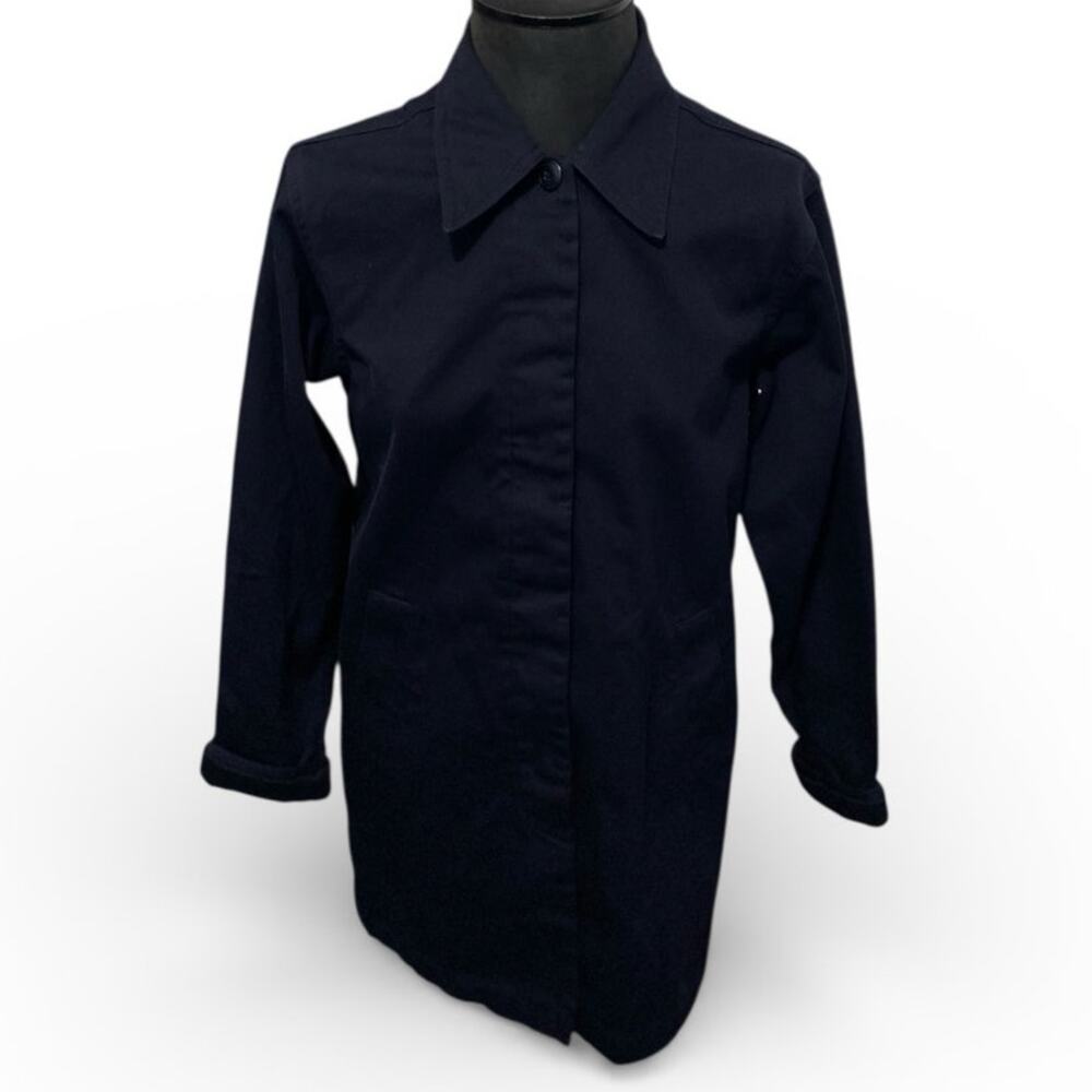 AT Denim Women's Overcoat Small Petite Black Denim Button Up Coat Jacket
